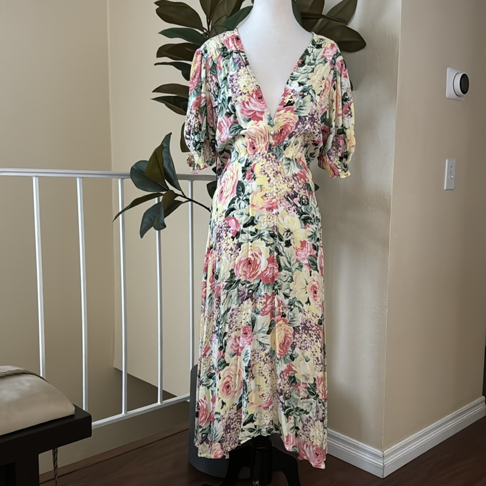 Faithfull The Brand Marie Louise Midi Dress In Vennisa Floral Yellow XL US 10 - Picture 3 of 16
